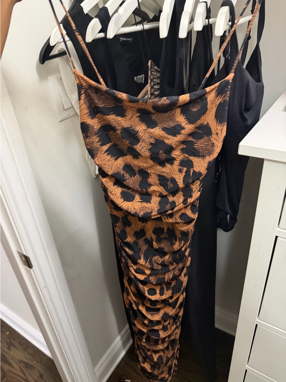 Naked Wardrobe Leopard Print Cowl Neck Slip Dress in Brown
